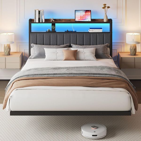 Funktionales Polster-Doppelbett mit integrierter LED-Beleuchtung und praktischer Ladestation, modernes komfortables Schlafmoebel 140 x 200 cm