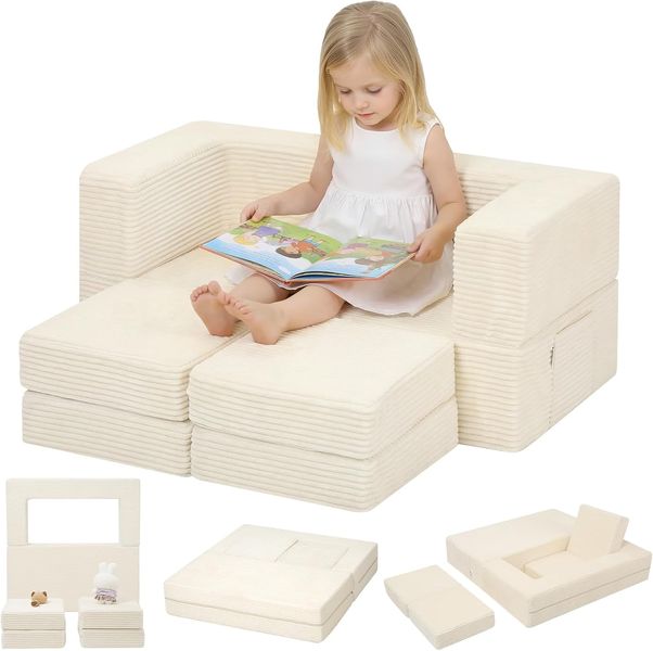 Modulares leuchtendes Kinder-Spielsofa aus weichen Schaumstoffbausteinen, ausklappbare Mini-Couch fuer Kuschel- und Spielbereiche im Kinderzimmer