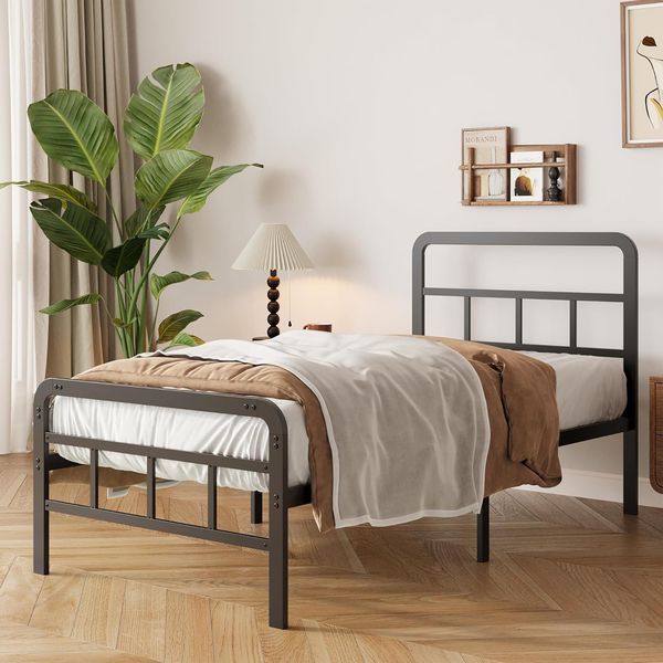 36 cm hohes stabiles Metall-Einzelbett mit vollstaendigem Kopf- und Fussteil, minimalistisches robustes Bettgestell 90 x 190 cm