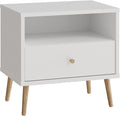 Moderner Mid-Century Nachttisch aus Holzwerkstoff in Weiss, mit einer Schublade und einem Ablagefach, einfache Steckmontage 59,8 x 57,7 x 41,5 cm