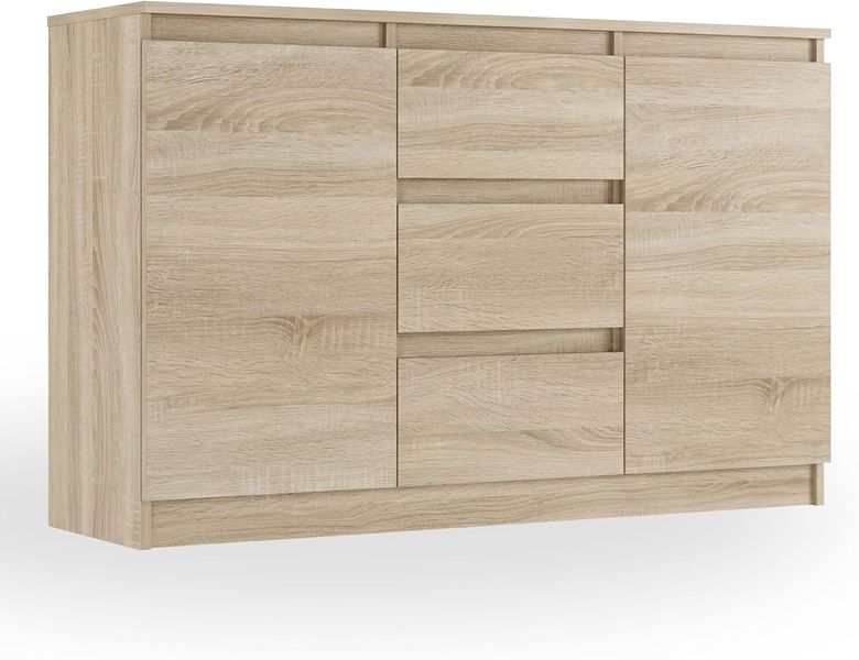 Sonoma-Design Kommode mit drei geraeumigen Schubladen, schlanke platzsparende Bauweise 120 x 33 x 76 cm
