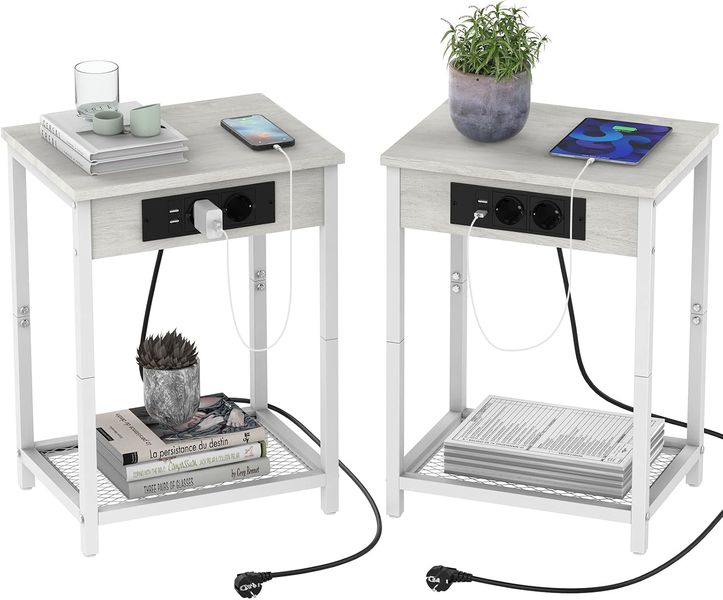 Set aus zwei modernen weissen Holz-Nachttischen mit integrierter Ladestation, USB- und AC-Anschluessen, multifunktionale Beistelltische fuer Wohn- und Schlafraeume