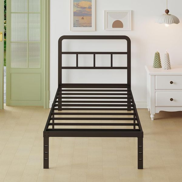 36 cm hohes stabiles Metall-Einzelbett mit dekorativem Kopfteil, minimalistisches Schlafmoebel 75 x 190 cm