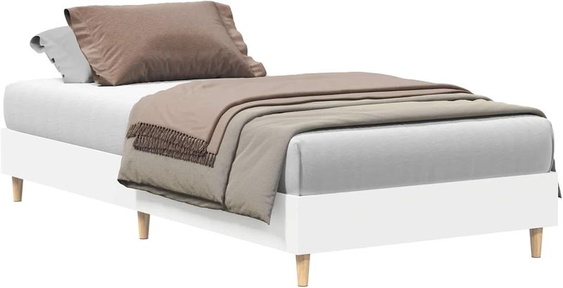 Zeitloses weisses Flach-Einzelbett aus hochwertigem Holzwerkstoff mit festem Lattenrost, stabiles Moebel fuer Schlaf- und Gaestezimmer 80 x 200 cm