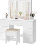 Weisser multifunktionaler Kosmetiktisch mit grossem Spiegel, sieben Schubladen, dimmbarer Beleuchtung, Steckdose und passendem Hocker 110 x 140,5 x 39,5 cm